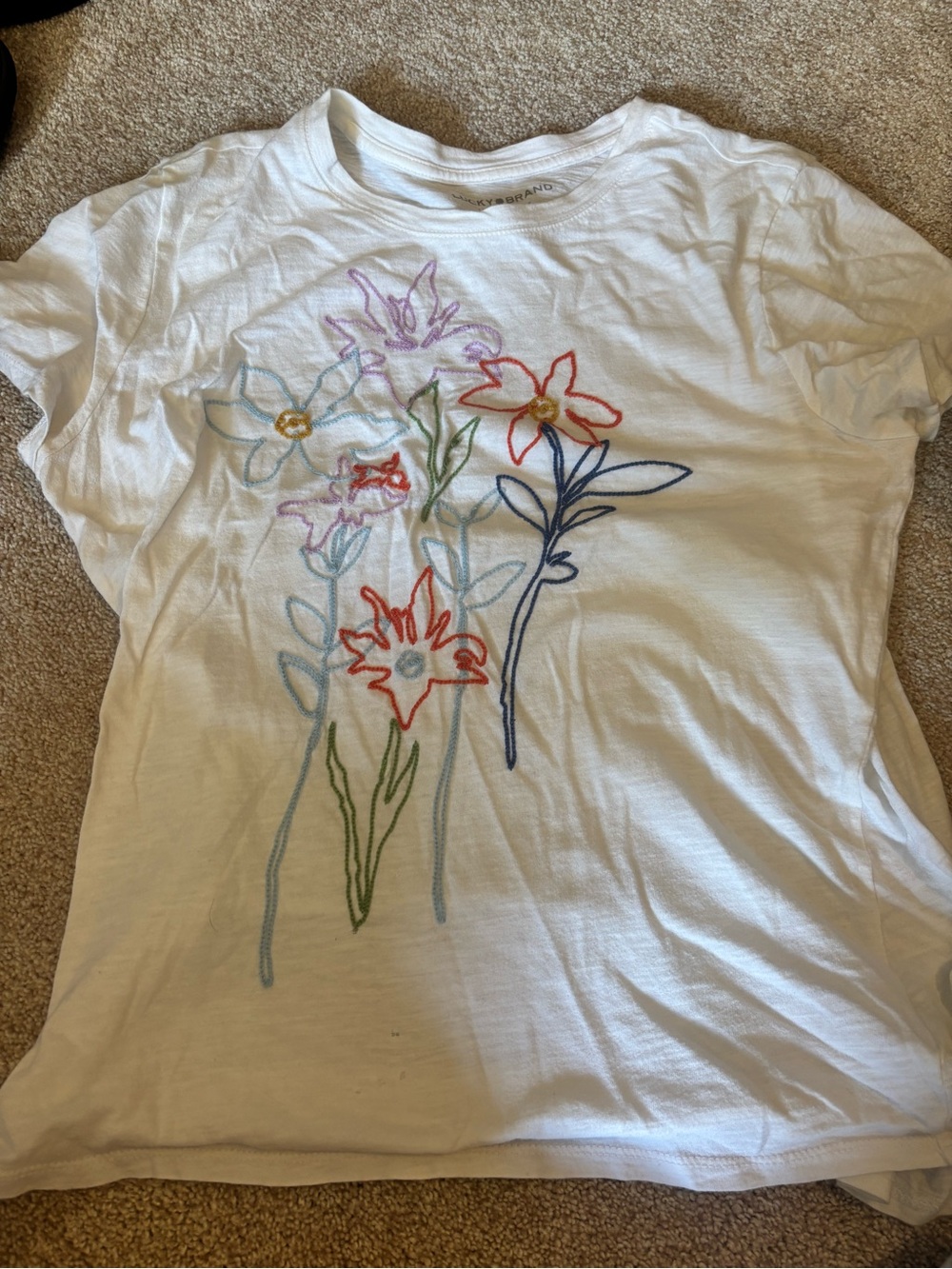 Lucky Brand White Short Sleeve Tee with Multicolor Floral Embroidery